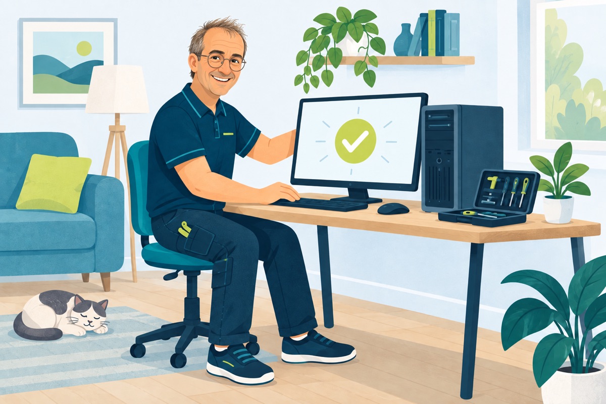 Illustration d’un technicien intervenant sur un ordinateur à domicile.